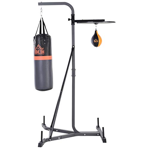 HOMCOM Saco de Boxeo Colgante con Soporte Altura Ajustable de 4 Niveles para Ejercicios en Casa Gimnasio Bolsa de Arena 20 kg Incluye Inflador 104x156x202 cm Multicolor