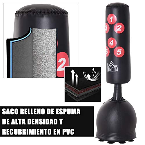 HOMCOM Saco de Boxeo de Pie 165cm Sacos de Suelo con Soporte para Rellenar Agua o Arena para Adultos y Niños