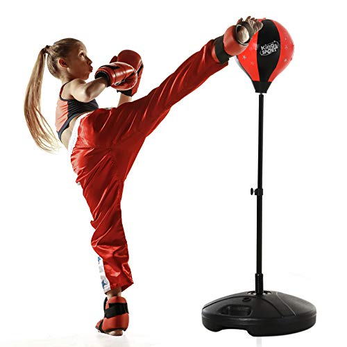 HOMCOM Saco de Boxeo para Niños Altura Ajustable con Guantes Soporte Estable Resorte de 360 Grados 38x38x78-120cm Negro y Rojo