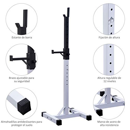 HOMCOM Soporte Estante Ajustable Barra Levantamiento Pesas Gimnasio MAX 150 KG Acero (Blanco)