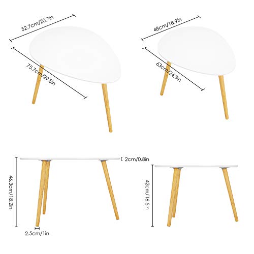 Homfa 2Pcs Mesas Auxiliares Mesas de Café Mesas de Centro para Salón Blanco Forma de Gota 75x52x46cm y 63x48x42cm