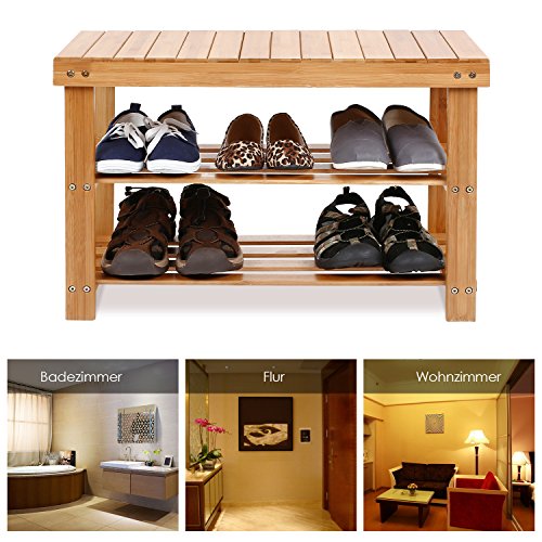Homfa Banco Zapatero Bambú Estantería para Zapatos con 3 estantes para Entrada Salón Dormitorio Baño 70x28x46cm