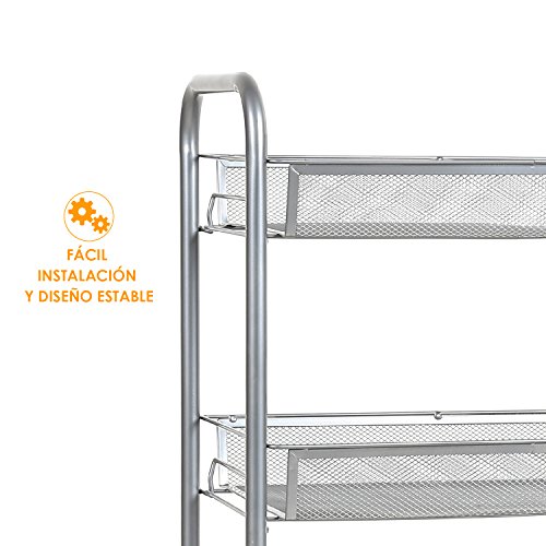 HOMFA Carrito Auxiliar con Ruedas y 3 Bandejas de Malla Metálica para Cocina Baño salón Plata 45x27x63cm