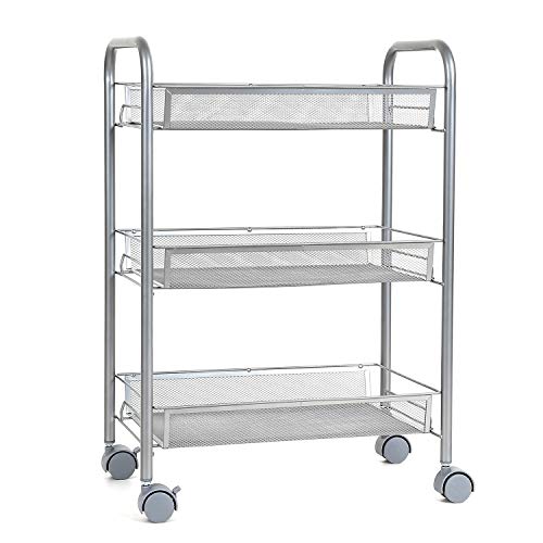 HOMFA Carrito Auxiliar con Ruedas y 3 Bandejas de Malla Metálica para Cocina Baño salón Plata 45x27x63cm