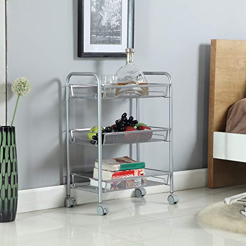 HOMFA Carrito Auxiliar con Ruedas y 3 Bandejas de Malla Metálica para Cocina Baño salón Plata 45x27x63cm