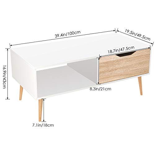 Homfa Mesa de Centro Mesa de café Mesa para TVMesa para salón con 1 Cajón movible Blanco y Roble 100x49.5x43cm