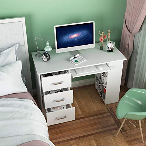 Homfa Mesa de Escritorio Mesa de Ordenador Escritorio de Oficina Estudio con 3 Cajones 3 Estantes Blanco 109x49x75cm