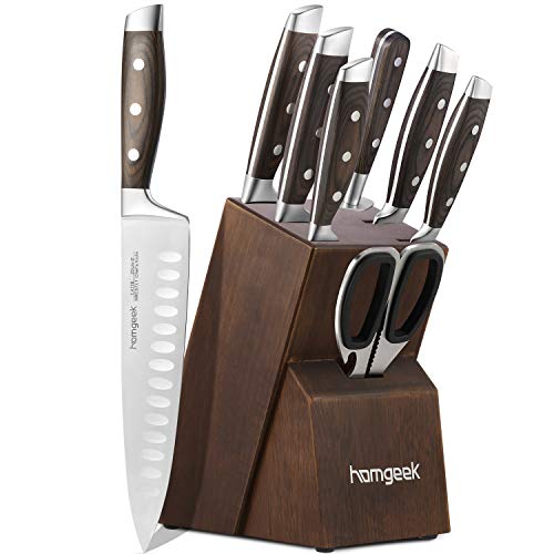 homgeek Cuchillo de Cocina Profesional, Juego Cuchillos Cocina Hecho de Acero Inoxidable 1.4116 Alemán, Incluye Tijeras, Bloque de Madera, 8 Piezas