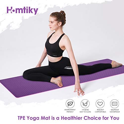 Homtiky Esterilla Yoga, Esterilla Deporte Antideslizante con Material ecológico TPE, Yoga Mat diseñado para Entrenamiento físico con Correa de Transporte y Bolsa, púrpula