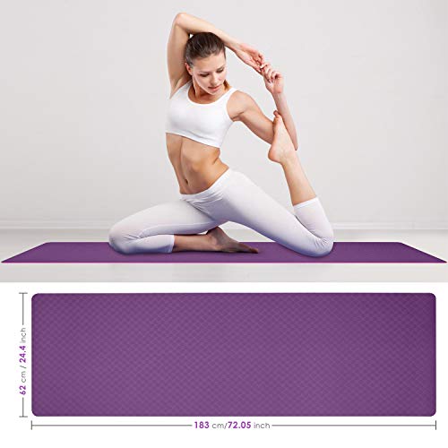 Homtiky Esterilla Yoga, Esterilla Deporte Antideslizante con Material ecológico TPE, Yoga Mat diseñado para Entrenamiento físico con Correa de Transporte y Bolsa, púrpula