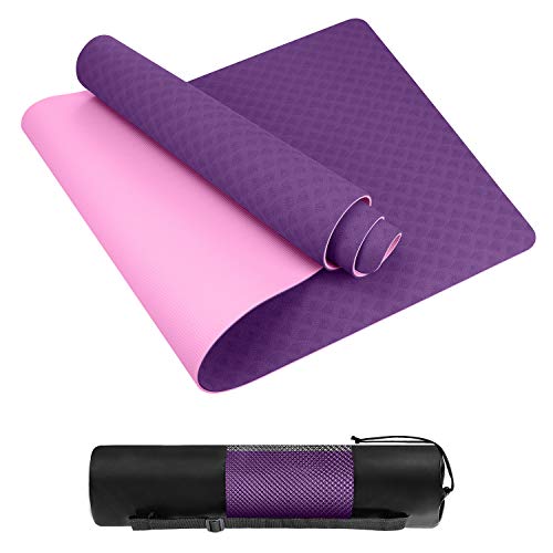 Homtiky Esterilla Yoga, Esterilla Deporte Antideslizante con Material ecológico TPE, Yoga Mat diseñado para Entrenamiento físico con Correa de Transporte y Bolsa, púrpula