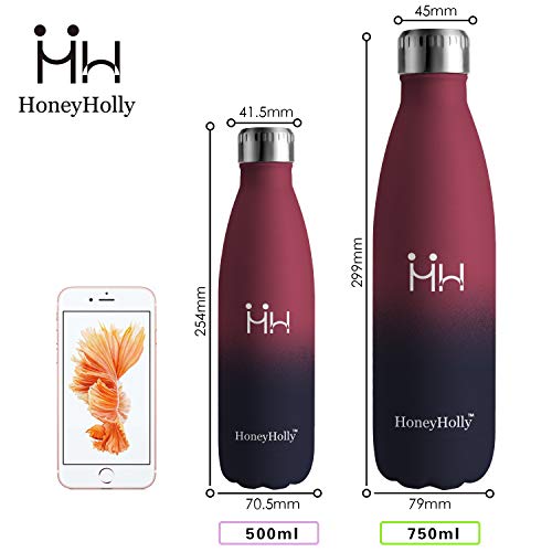 HoneyHolly Botella de Agua Acero Inoxidable 350/500/650/750ml, Aislamiento de Vacío de Doble Pared, Botellas de Frío/Caliente, sin bpa Botella Reutilizable para niños Sport Gimnasio Trekking Bicicleta