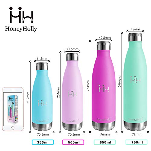 HoneyHolly Botella de Agua Acero Inoxidable 350/500/650/750ml, Aislamiento de Vacío de Doble Pared, Botellas de Frío/Caliente, sin bpa Botella Reutilizable para niños Sport Gimnasio Trekking Bicicleta