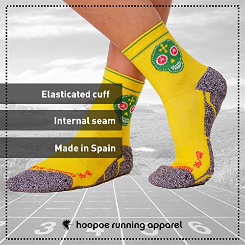 HOOPOE Calcetines Trail Running Amarillos, Hombres, Mujer, Divertidos, sin Costuras, Térmicos, Skully, Talla 36-40