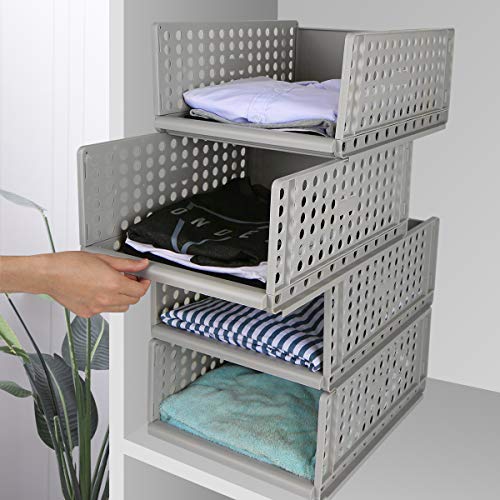 Hossejoy - Juego de 4 organizadores apilables de almacenamiento de armario de plástico, desmontables, cajones, cestas separadoras para ropa, vestidor, dormitorio, color gris