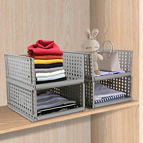 Hossejoy - Juego de 4 organizadores apilables de almacenamiento de armario de plástico, desmontables, cajones, cestas separadoras para ropa, vestidor, dormitorio, color gris