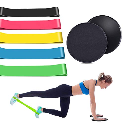 HOTSO Gomas Elasticas Fitness y Discos Deslizantes Fitness,5X Bandas de Resistencia,2X Disco Slider, Cintas Elasticas Musculacion para Hogar,Casa,Yoga,Fitness,Pilates,Gym,Fuerza de Piernas y Glúteos