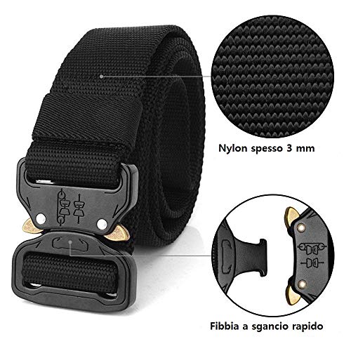 HOTSO Nylon Cinturón Táctico, Pretina Militar al Aire Libre 130cm Longitud Lona Transpirable Ceñidor para Hombre y Mujer Cintura con Hebillas de Metal (Negro)