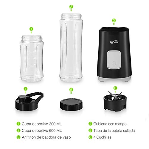 Housmile Batidora de Vaso Individual con Vasos de Viaje y Deporte para Zumos, Fruta y Verdura, 500W Color-Negro