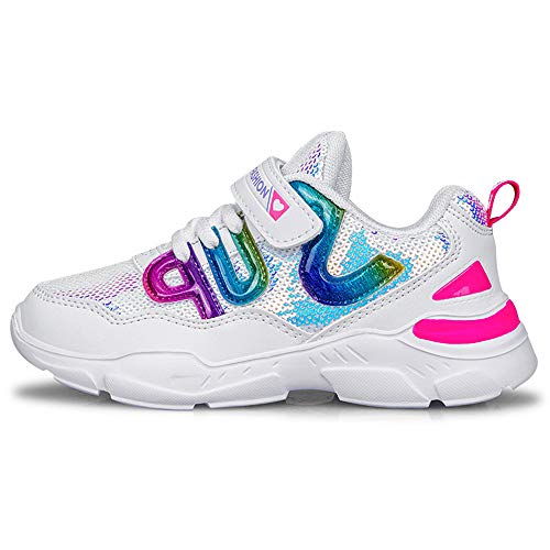 HSNA Zapatillas con Lentejuelas Niña Zapatos de Gimnasia para Caminar Ligero Trainers Kids(a01 Blanco 35 EU)