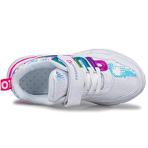 HSNA Zapatillas con Lentejuelas Niña Zapatos de Gimnasia para Caminar Ligero Trainers Kids(a01 Blanco 35 EU)