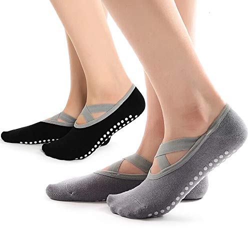 Hually Calcetines Pilates Yoga, 2 Pares Pilates Calcetines Antideslizantes Mujer pour Yoga, con Asas y Correas, Pilates, Barra, Ballet,Fitness Antideslizantes Calcetines(Negro/Gris)