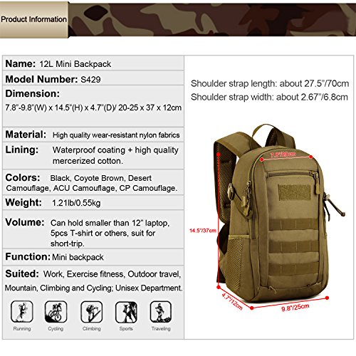 Huntvp 12L Mochila de Asalto Militar Táctical Molle Bolsa Bandolera para Senderismo Caza Camping - Color Marrón