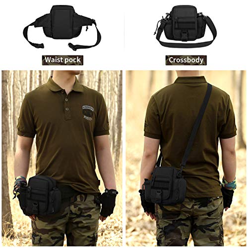 Huntvp 2in1 Táctical Bolso de Cintura Bolsa de Riñonera Mochila de Bandolera Estilo Militar Molle Bolsa de Múltiple Función Impermeable para Aire Libre Correr Senderismo Ciclismo Camping, Negro