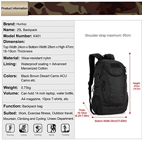 Huntvp Mochila de Asalto 25L Militar Táctical Gran Mochila de Nylon Impermeable para Senderismo Caza Camping, Color Negro