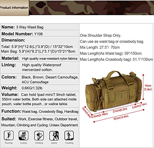 Huntvp Táctical Bolsa de Riñonera Bandolera Cinturón Estilo Militar Molle 3 Vías de Llevar Bolso de Cintura Impermeable