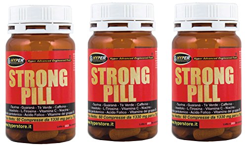 HyperWheels Estimulante Energético 3 Paquetes de STRONG PILL 60 Tabletas Energy Tonic Mejora el Rendimiento Deportivo Tensión Duración Cafeína Guarana Té Verde Taurina Tirosina Vitamina C