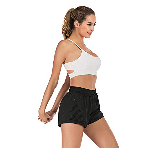 iClosam - Pantalones cortos deportivos para mujer, 2 en 1, transpirables, de secado rápido, de malla, para entrenamiento, S-XL (B-Black, XXL)