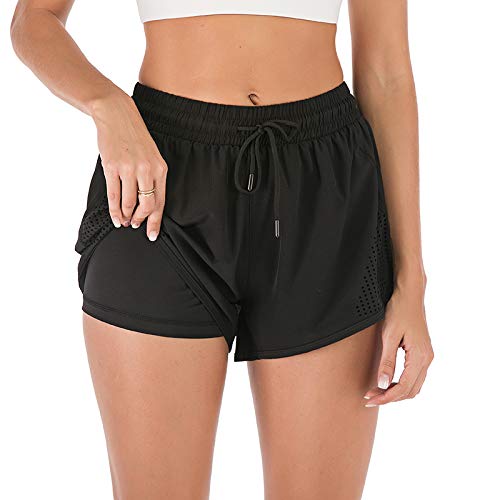 iClosam - Pantalones cortos deportivos para mujer, 2 en 1, transpirables, de secado rápido, de malla, para entrenamiento, S-XL (B-Black, XXL)