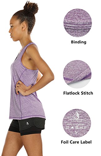 icyzone Camiseta de Fitness Deportiva de Tirantes para Mujer, Pack de 3 (L, Carboncillo/Lavanda/Melocotón)
