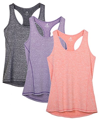 icyzone Camiseta de Fitness Deportiva de Tirantes para Mujer, Pack de 3 (L, Carboncillo/Lavanda/Melocotón)