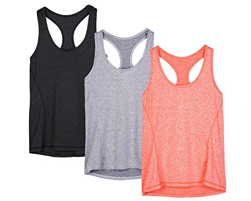 icyzone Camiseta de Fitness Deportiva de Tirantes para Mujer, Pack de 3 (L, Negro/Granito/Naranja)
