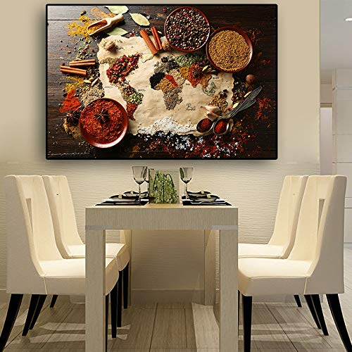 IHlXH Cereal Spice World Map Cocina Lienzo Pintura póster e Impresiones Chili Food Wall Art Picture Living Room A2 50x70 sin Marco
