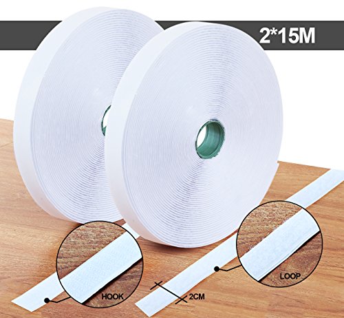 ilauke 15M Hook y Loop Auto Adhesivo Cinta Rollo Hook and Loop Tape Gancho y Bucle(Blanco)