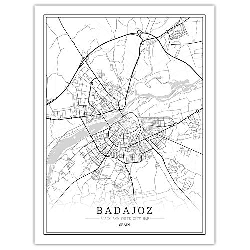 Impresión De Lienzo,Badajoz Mapa De La Ciudad De Estilo Nórdico Cartel Minimalista En Blanco Y Negro Impresiones De Murales De Fotos, Decoración Del Hogar Para Sala De Estar Y Dormitorio, 20 Cm X