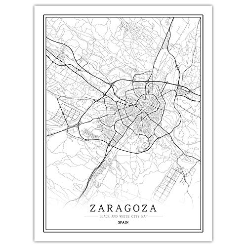 Impresión De Lienzo,Mapa De La Ciudad De Zaragoza, Póster Minimalista En Blanco Y Negro De Estilo Nórdico, Impresiones De Murales De Fotos, Decoración Del Hogar Para Sala De Estar Y Dormitorio, 4