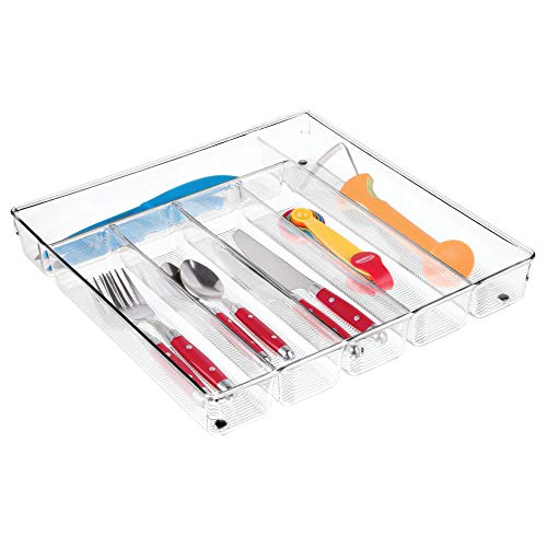 InterDesign Linus Caja para cubiertos, cubertero para cajones grande fabricado en plástico con 6 divisiones, transparente