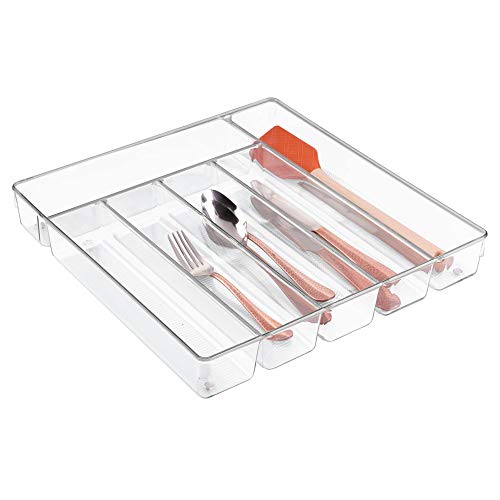 InterDesign Linus Caja para cubiertos, cubertero para cajones grande fabricado en plástico con 6 divisiones, transparente