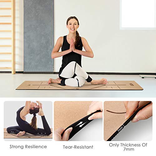 INTEY Esterilla de Yoga de Corcho Antideslizante, Superior TPE Antideslizante Colchonetas de Pilates con Línea Auxiliar 183 x 66 x 7mm, con Bandolera