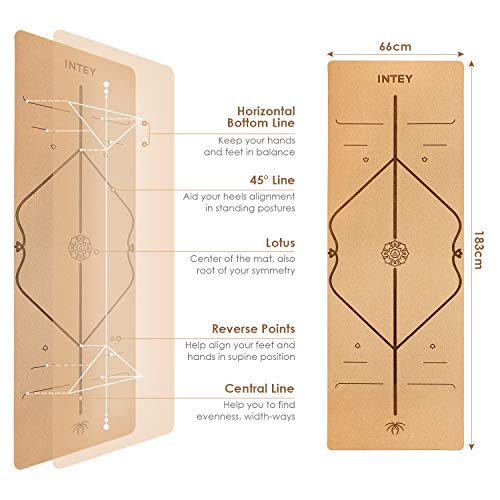 INTEY Esterilla de Yoga de Corcho Antideslizante, Superior TPE Antideslizante Colchonetas de Pilates con Línea Auxiliar 183 x 66 x 7mm, con Bandolera