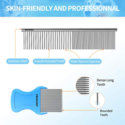 Iokheira Pet Grooming Dematting Comb Tool Herramienta de Limpieza Rastrillo y Peine Dematting Dientes de Doble Cara + Peine de pulgas para Perros, Gatos, con Pelo Medio o Largo