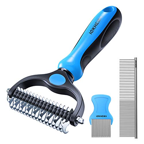 Iokheira Pet Grooming Dematting Comb Tool Herramienta de Limpieza Rastrillo y Peine Dematting Dientes de Doble Cara + Peine de pulgas para Perros, Gatos, con Pelo Medio o Largo