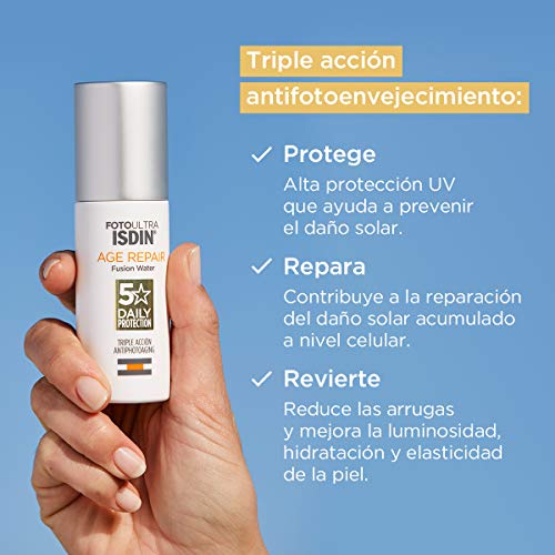 ISDIN - FotoUltra Age Repair Fusion Water SPF 50 - Protector solar facial de fase acuosa, triple acción anti-fotoenvejecimiento, 50 ml