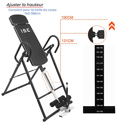 ISE Banco de Inversión Gravitacional Plegable, Tabla de Inversión Gravedad para 180 ° Ejercicios en Casa, Mesa de Inversión Espalda Invertida Ajustable 155-195cm, Máx 135 kg, Negro SY-ES1012