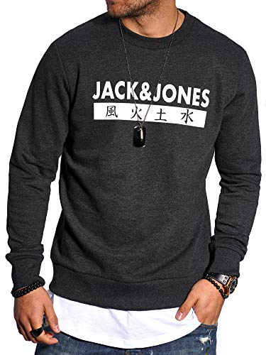 JACK & JONES - Sudadera para Hombre, Cuello Redondo, 4 Elementos (Medium, Dark Grey Melange)