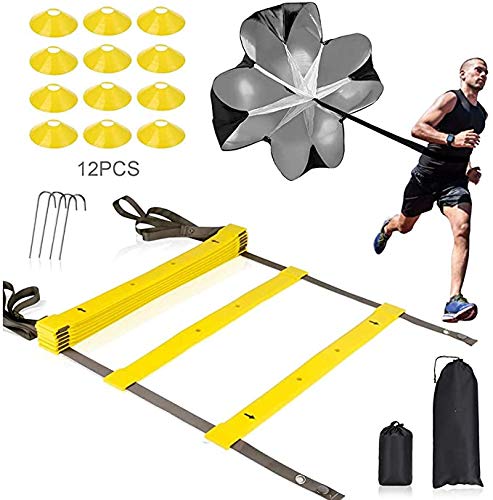 Jackys Velocidad de la Serie de Entrenamiento de la Agilidad, Ajustable Escalera de Agilidad, Resistencia paracaídas, Fútbol Velocidad Agilidad Conjunto de Entrenamiento con 12 Discos Conos,Amarillo